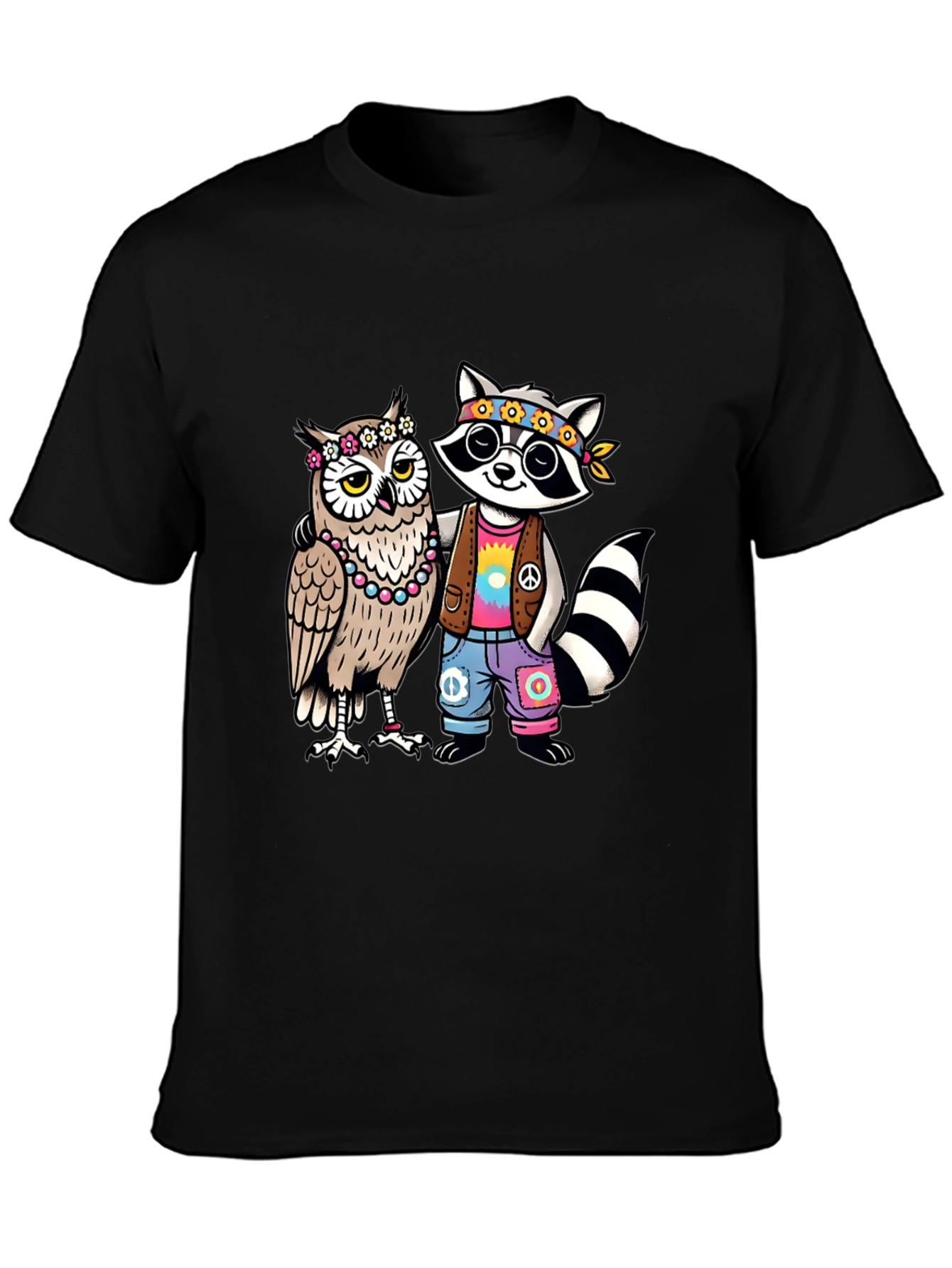 Hippie Owl & Raccoon Black T-Shirt - 3