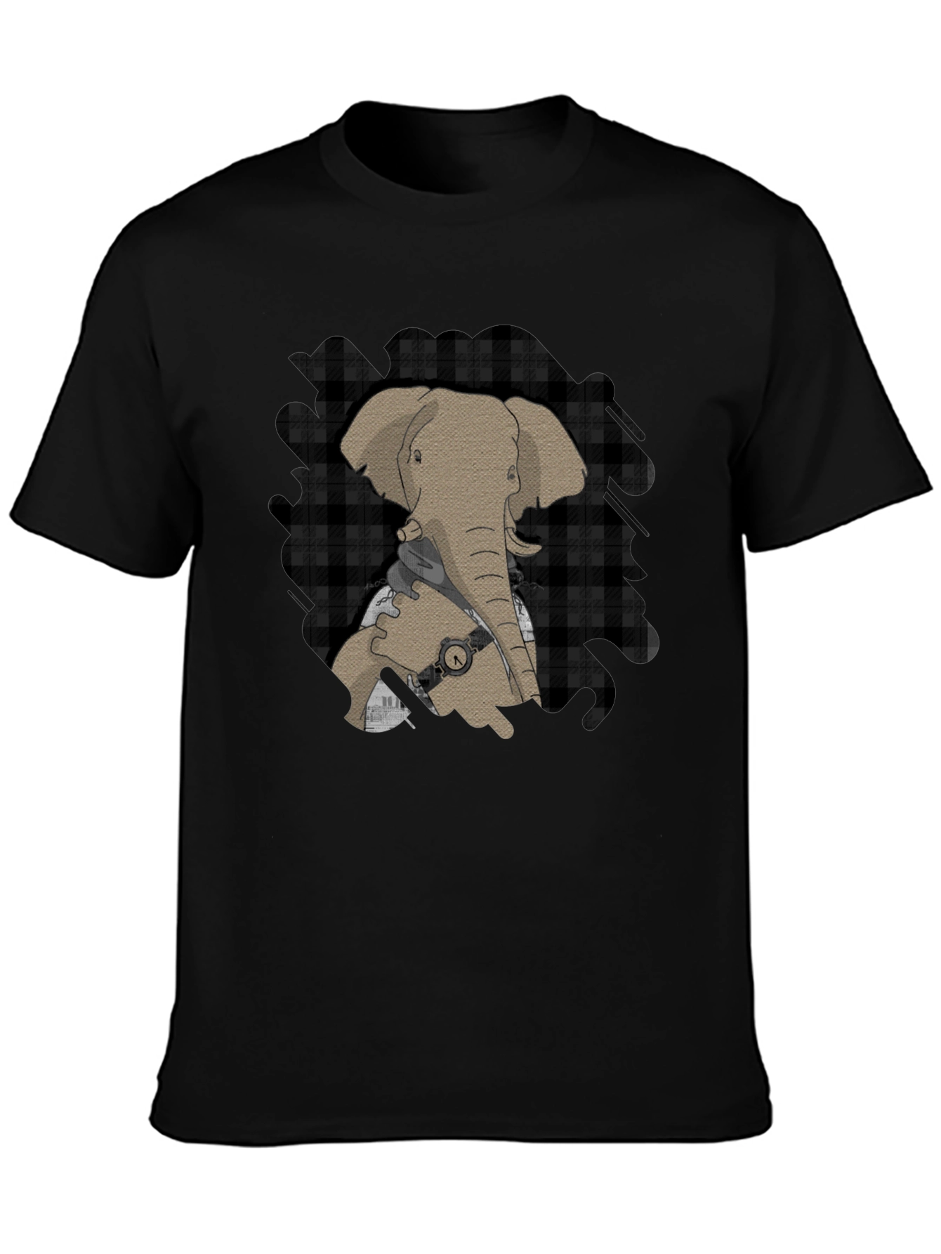 Black Elephant Graphic Tee - Stylish Plaid Accent view 3