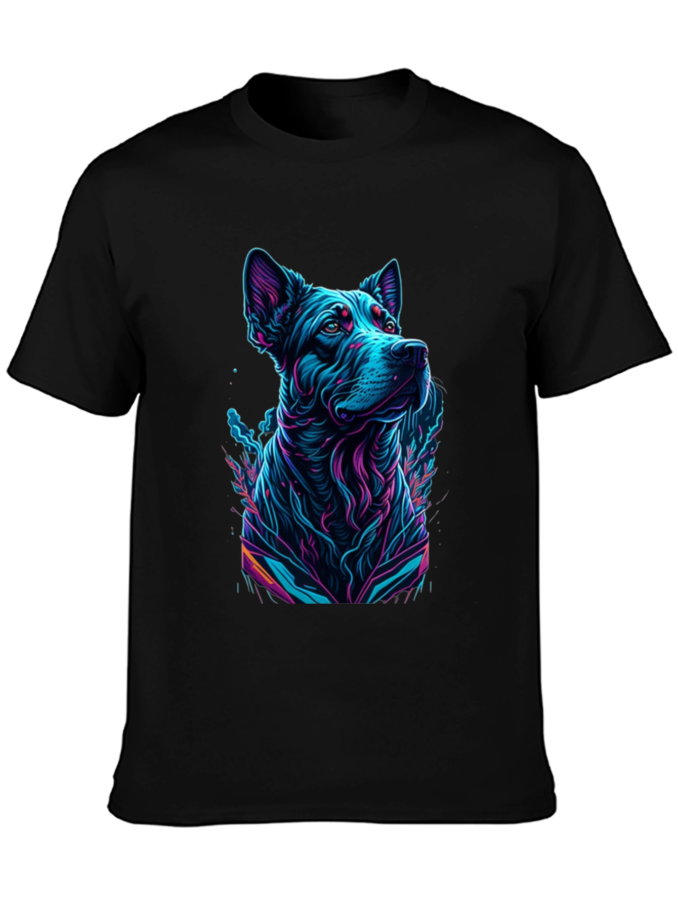 Black Neon Dog Graphic Black T-Shirt view 3
