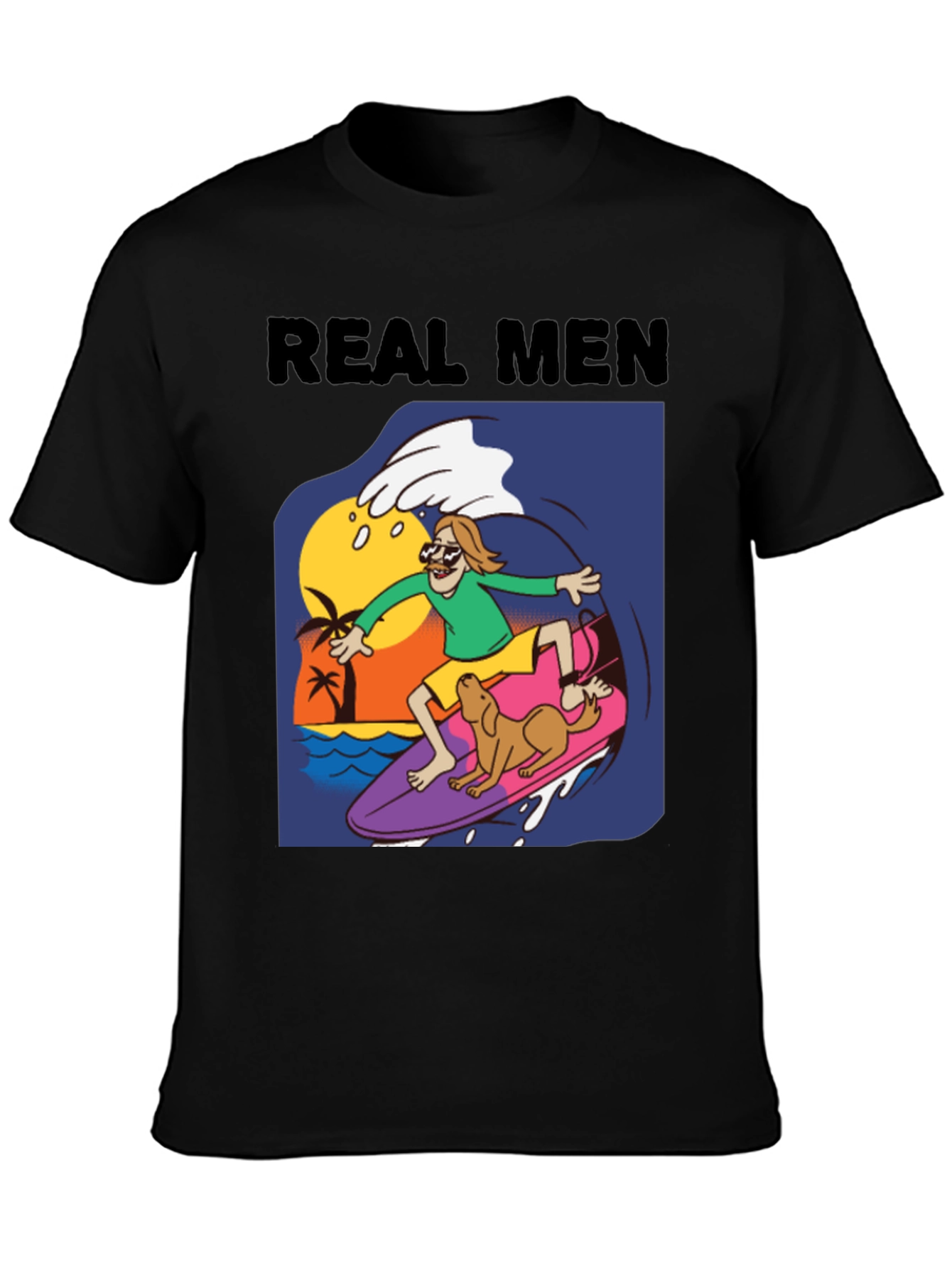 Black Real Men Surf Tee - Novelty Cartoon Graphic T-Shirt view 3