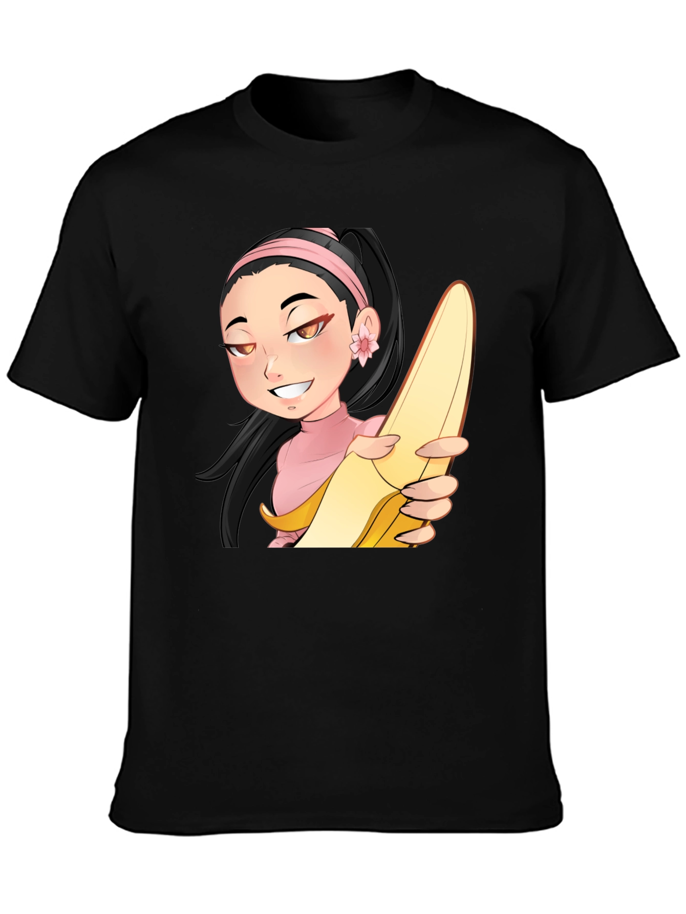 Black Anime Girl with Banana Black T-Shirt view 3