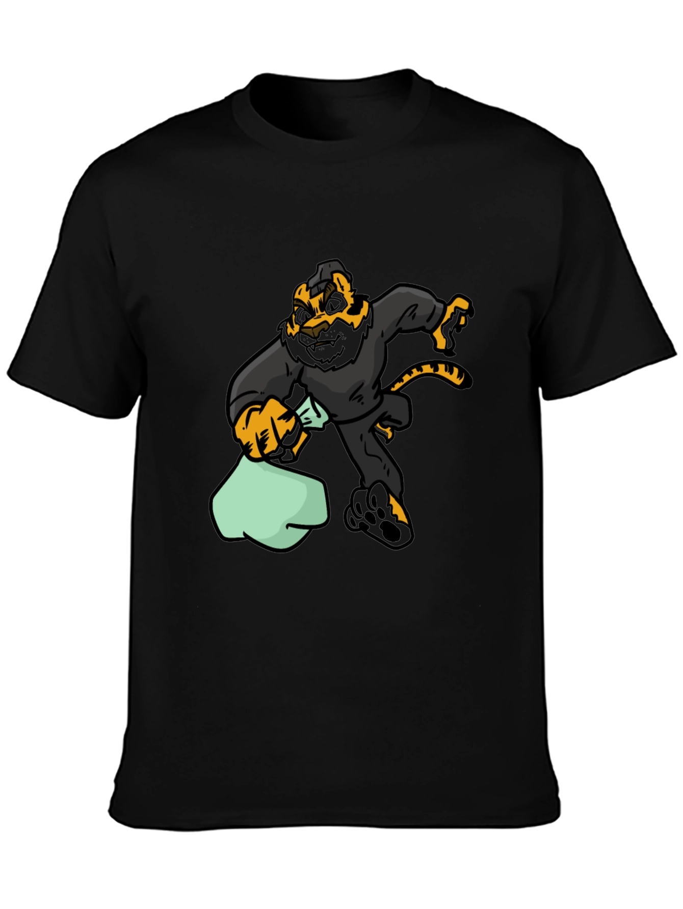Black Cartoon Tiger Thief Graphic Tee - Black Cotton T-Shirt view 3