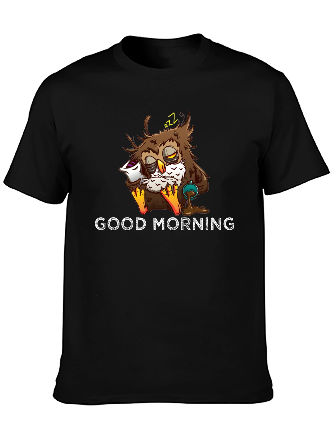 Black Good Morning Owl Graphic T-Shirt - Funny Sleepy Owl view 3