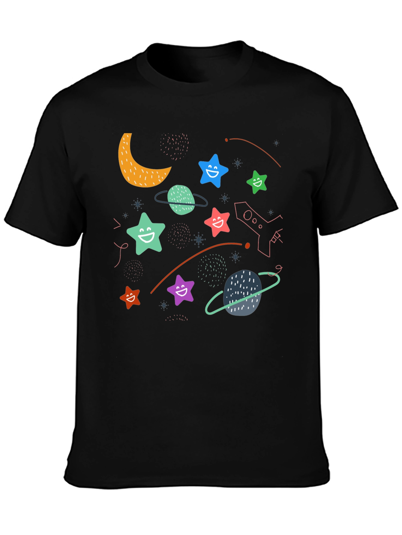Black Cosmic Smiles Black T-Shirt: Stars, Planets, Rocket Fun! view 3