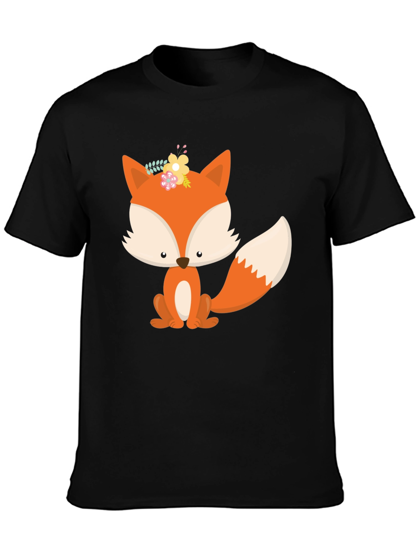 Black Cute Fox Graphic Tee - Black Cotton Blend T-Shirt view 3