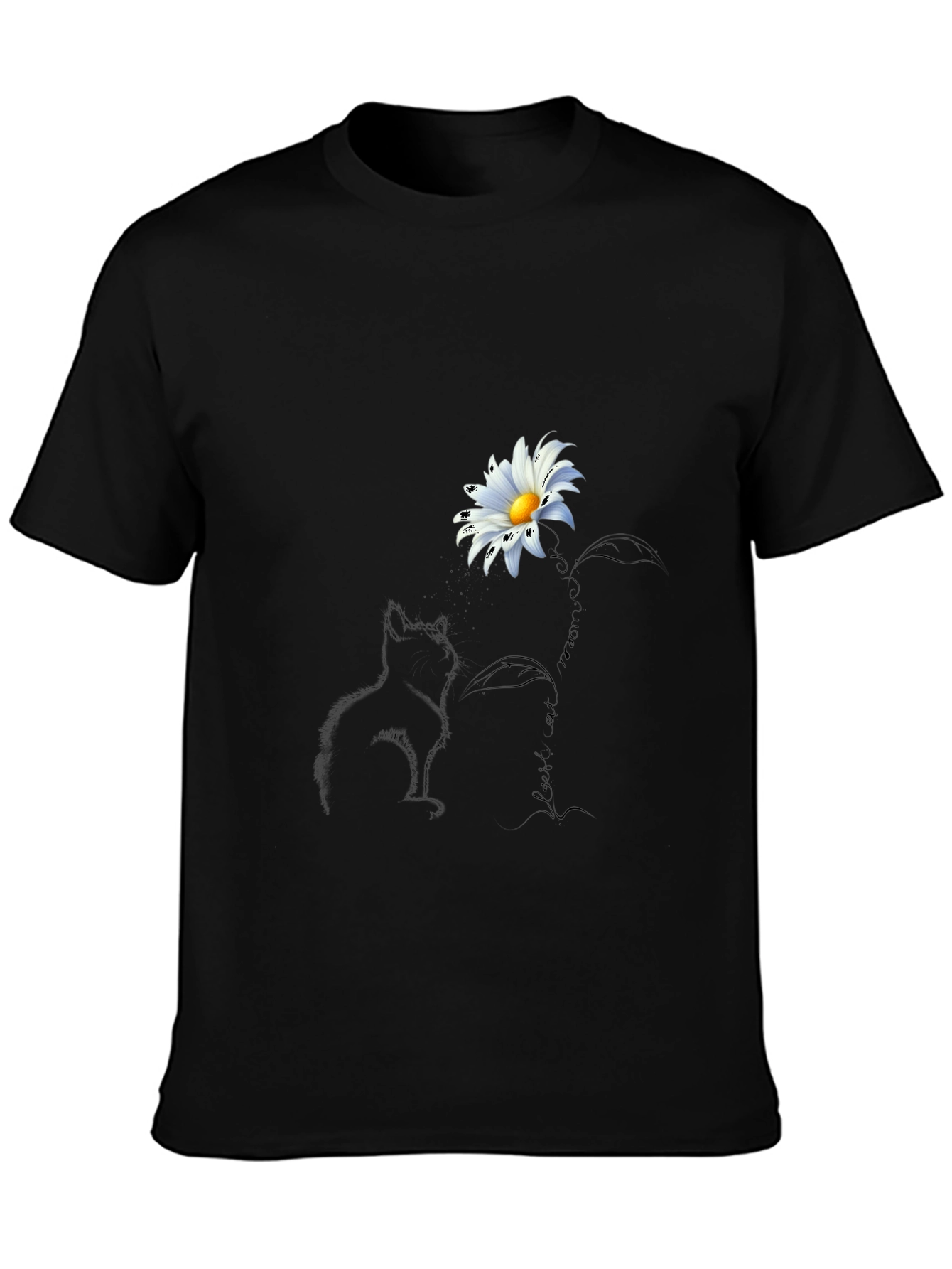 Black Black T-Shirt with Cat and Daisy Design view 3