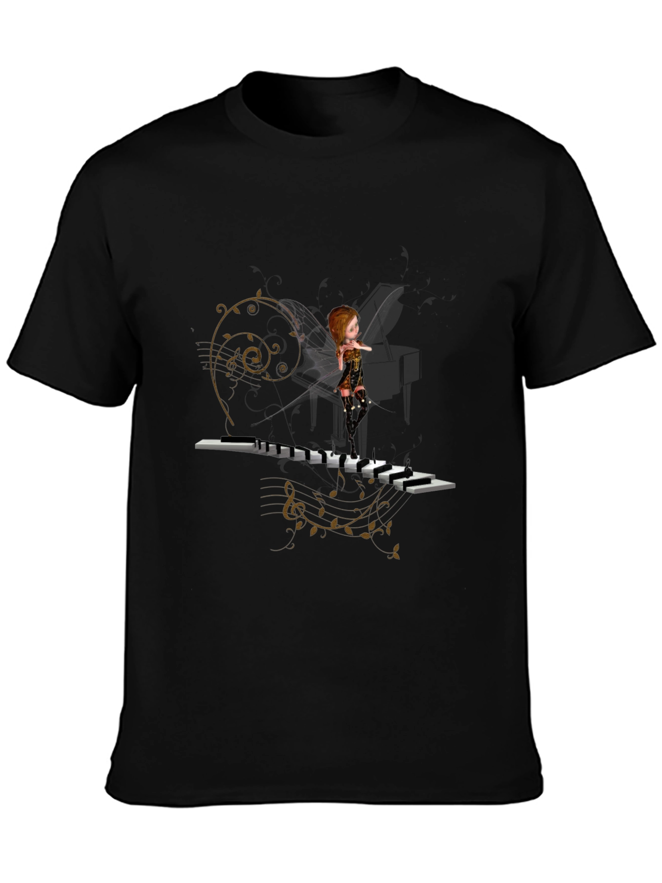 Black Piano Fairy Black T-Shirt view 3