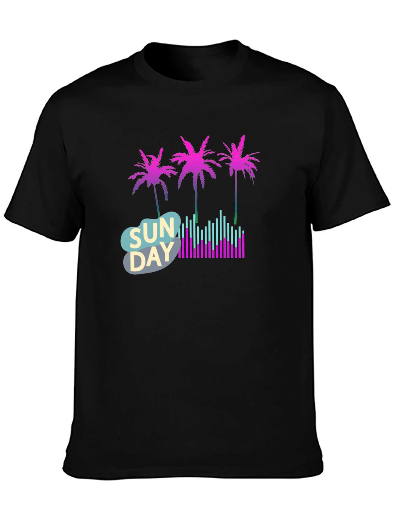 Black Retro Sunday Vibes T-Shirt - Palm Trees & Soundwaves view 3