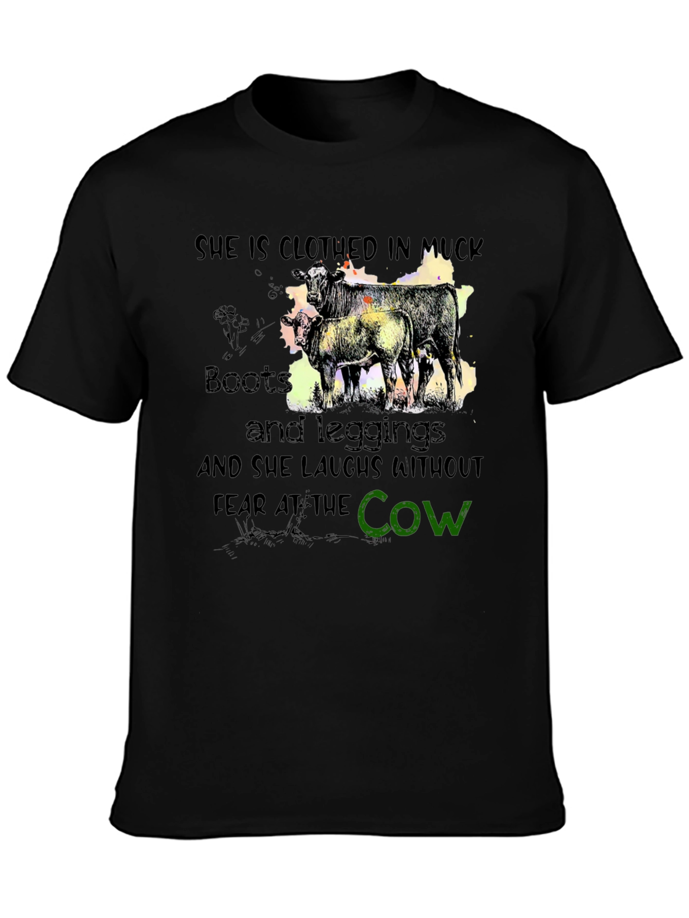 Black Muck Boots and Leggings Cow Graphic T-Shirt view 3
