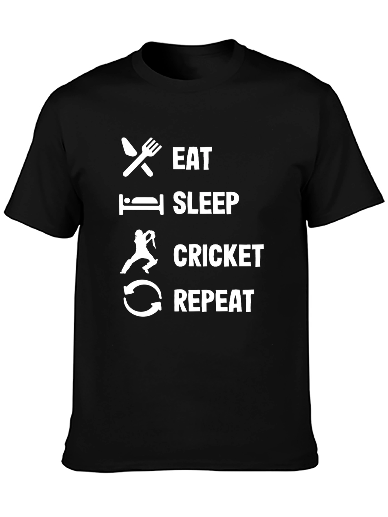 Black Eat Sleep Cricket Repeat Black T-Shirt view 3