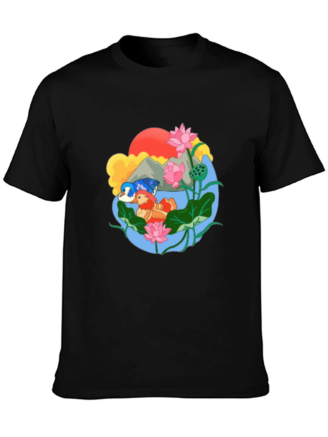 Black Mandarin Duck Lotus Pond Graphic Tee view 3