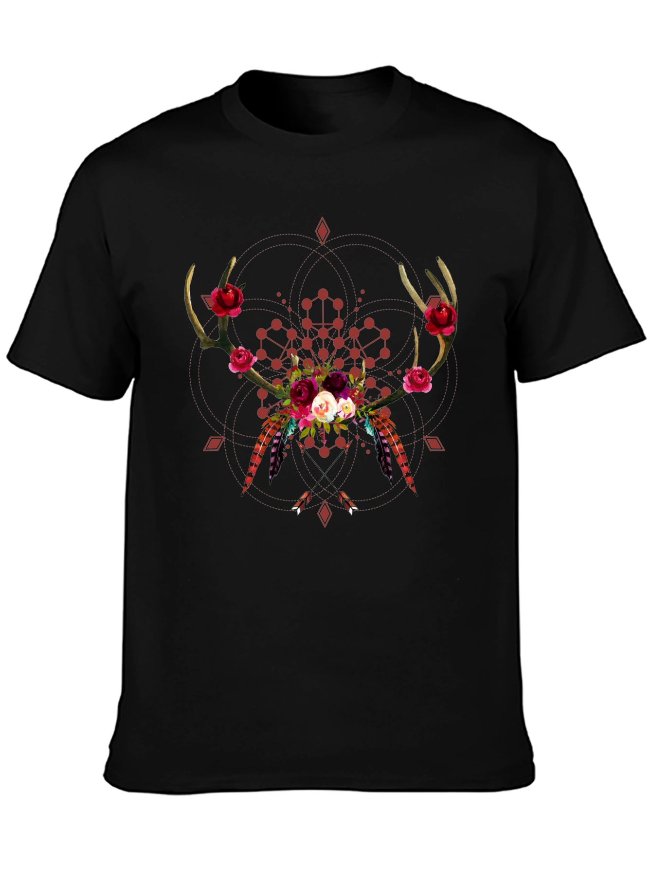 Black Boho Deer Antler Floral T-Shirt - Black view 3