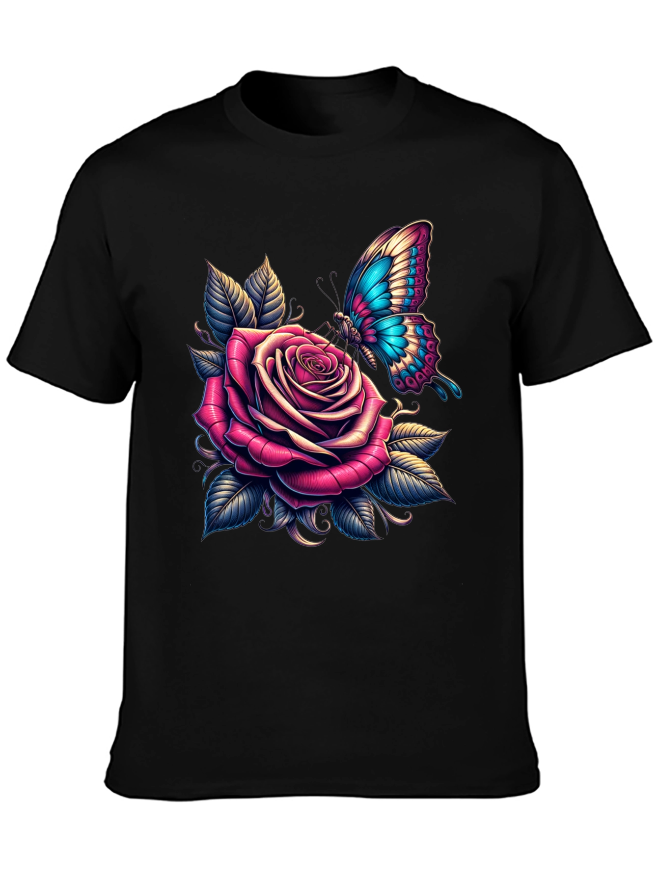 Black Rose & Butterfly Graphic Tee - Stylish Black T-Shirt view 3