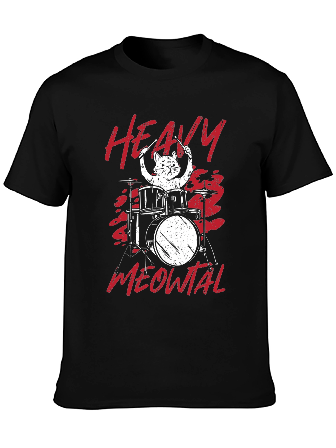 Black Heavy Meowtal Cat Drummer T-Shirt view 3