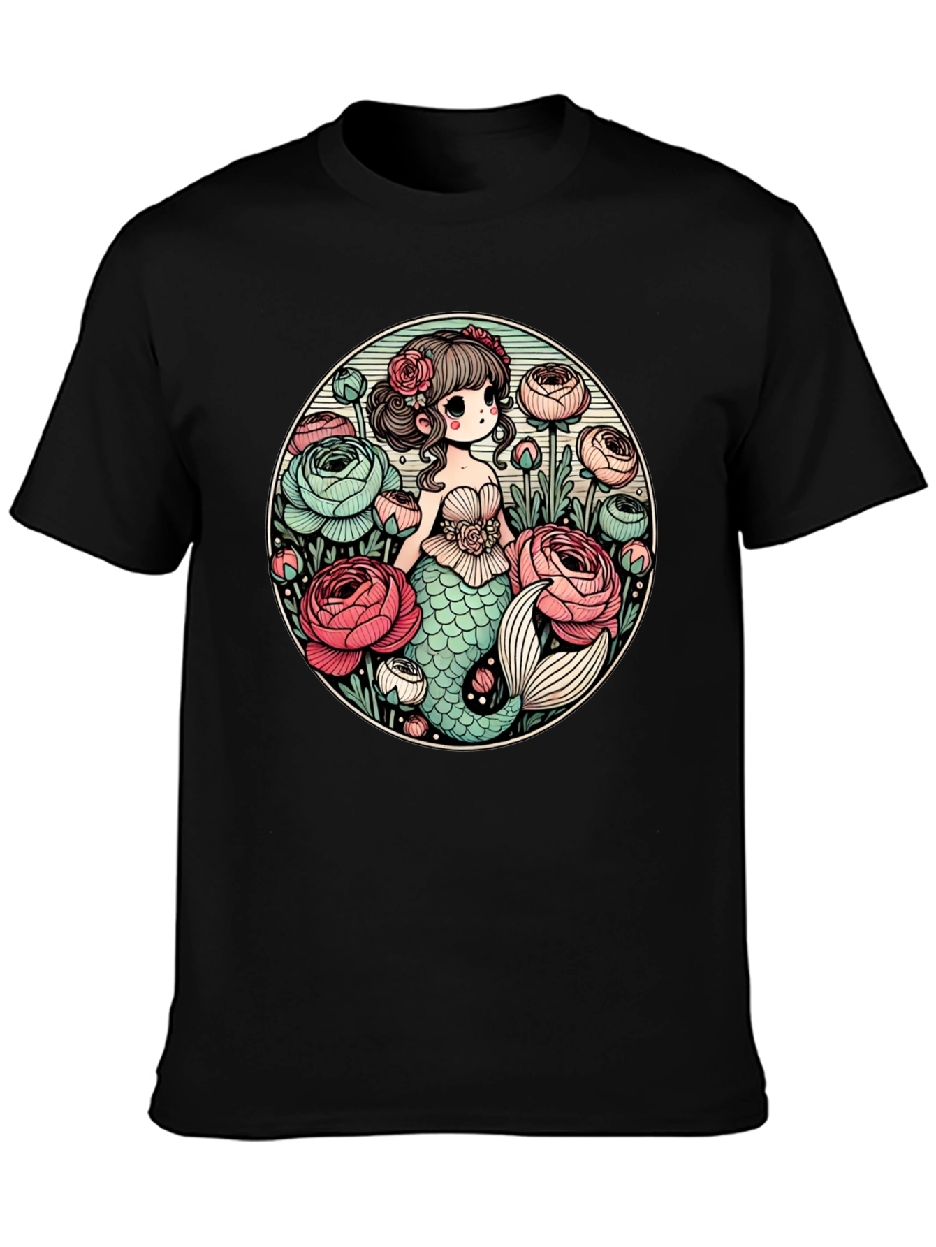 Black Mermaid & Flowers Graphic Tee - Black view 3
