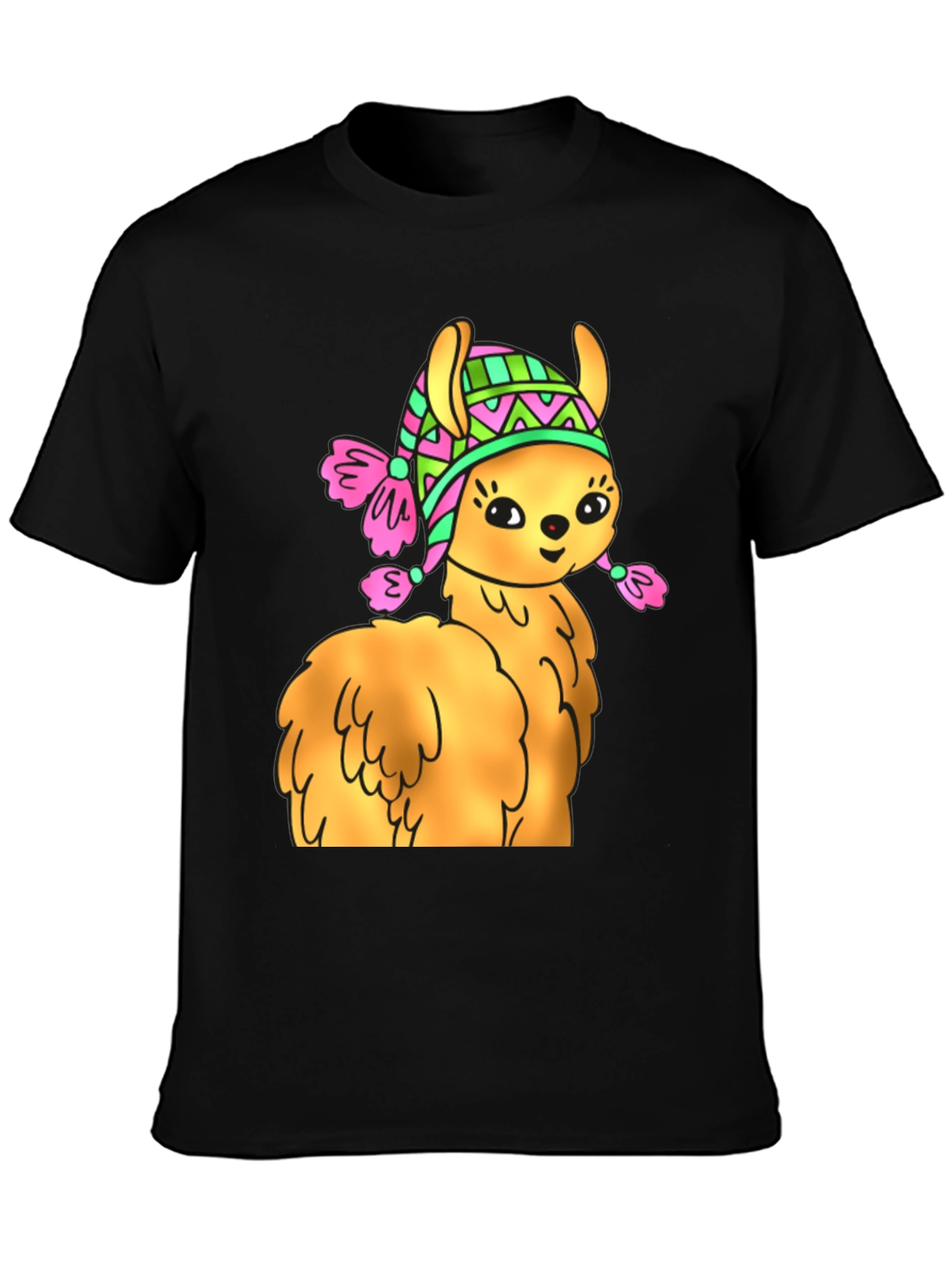 Black Cute Llama Wearing Hat T-Shirt view 3
