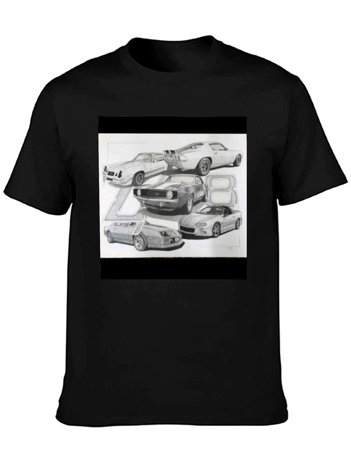 Black Classic Car Sketch Black Tee view 3