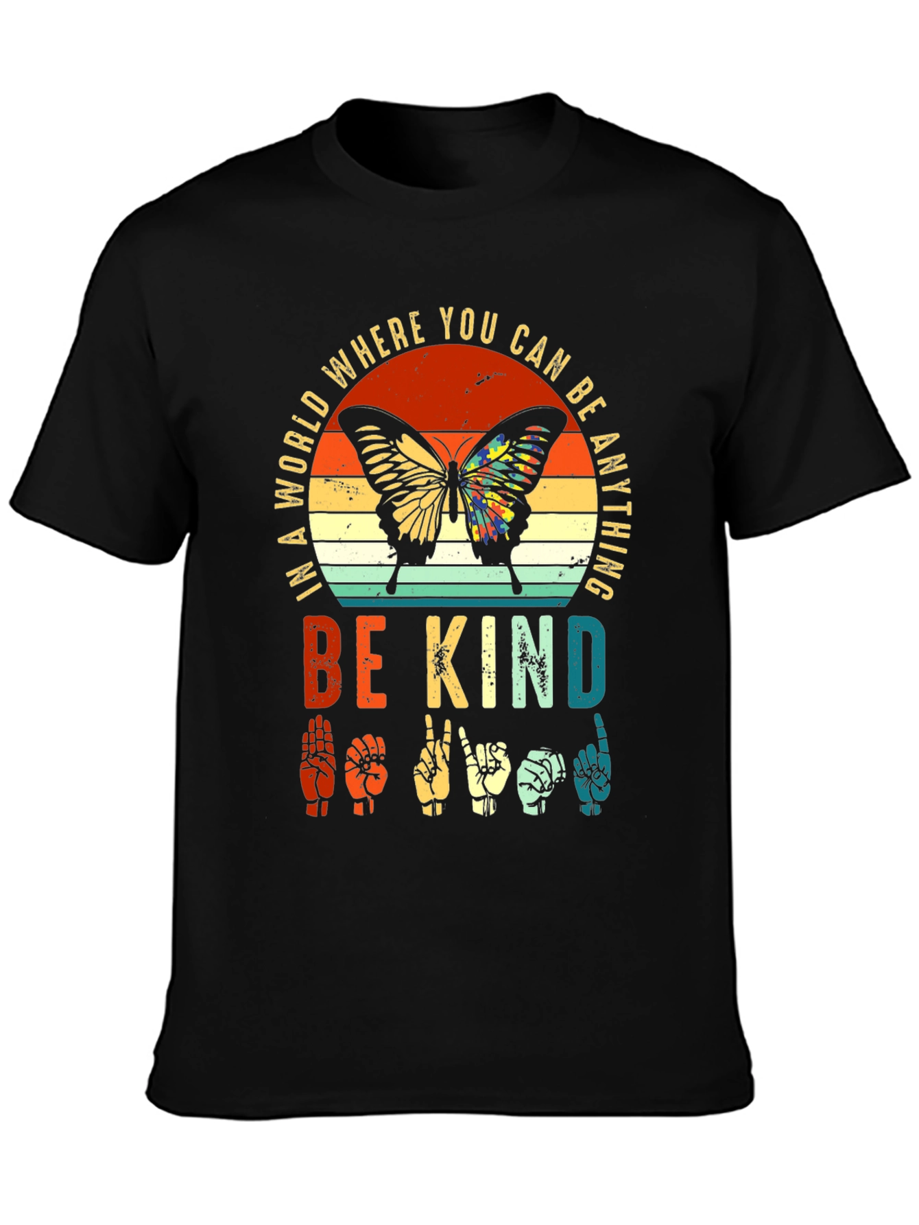 Black Be Kind Sign Language Butterfly T-Shirt view 3
