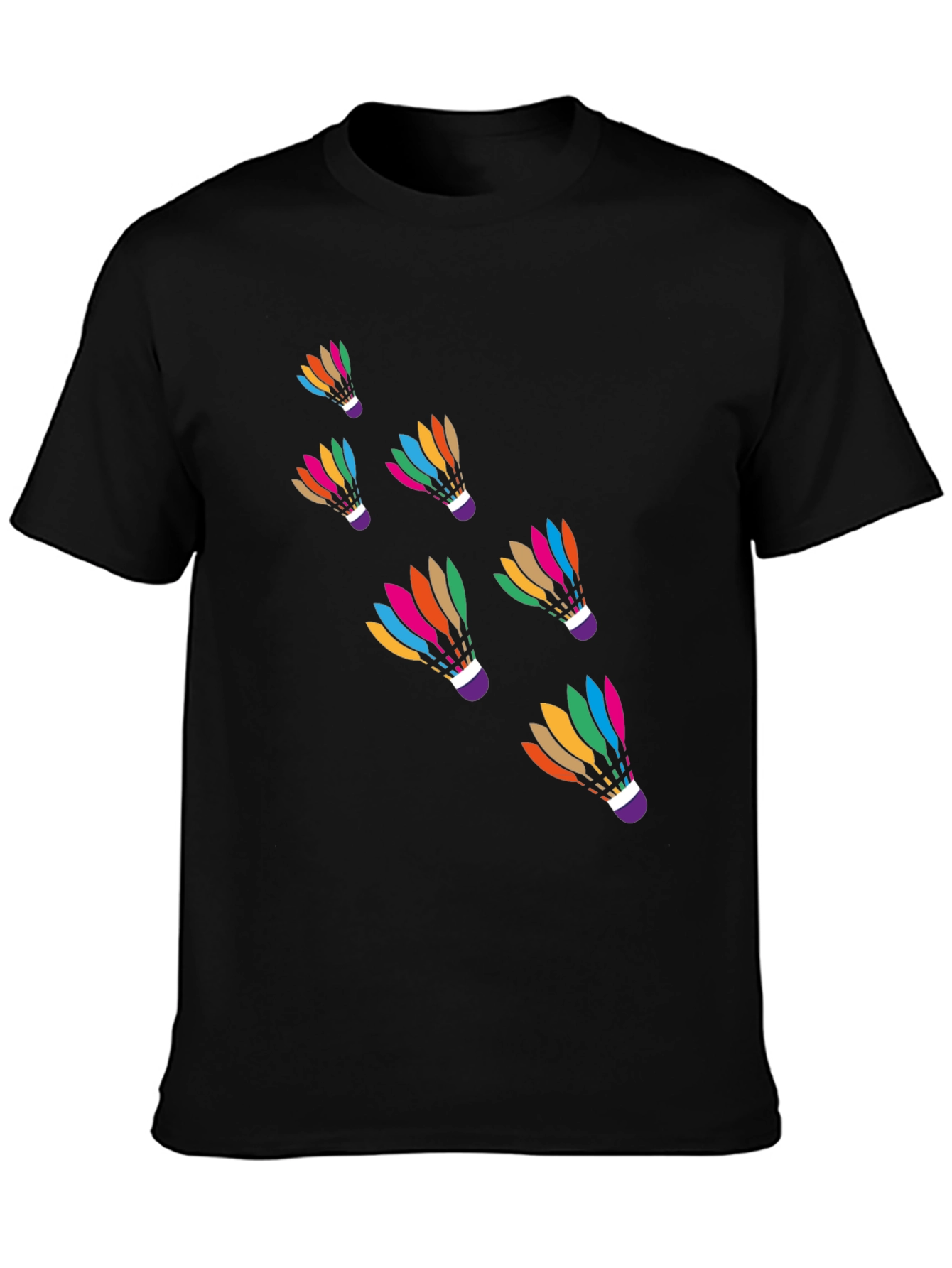 Black Colorful Badminton Shuttlecock Graphic Tee - Black Cotton T-Shirt view 3