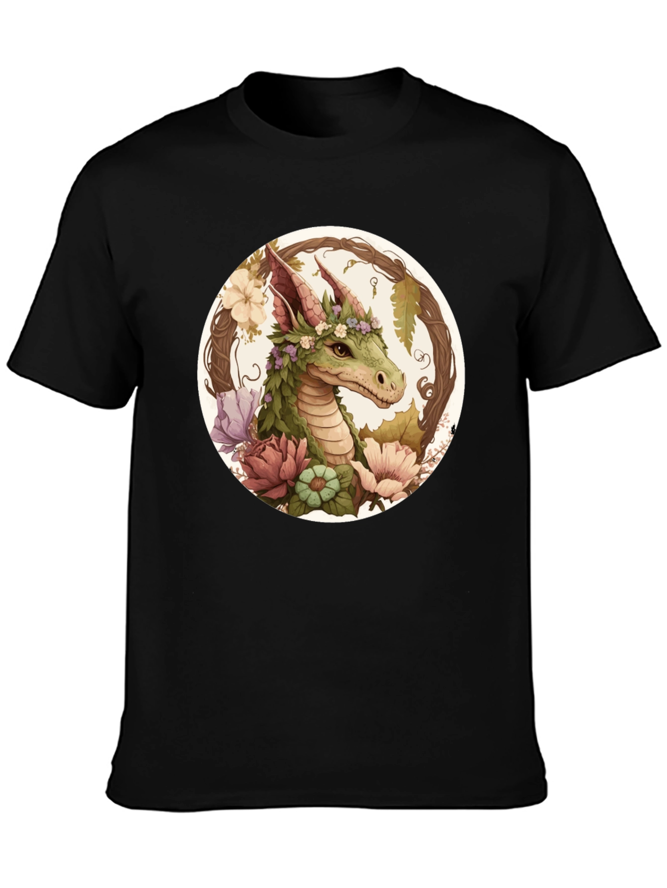 Black Floral Dragon T-Shirt - Unique Fantasy Tee view 3