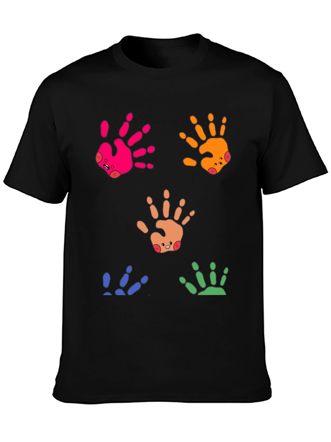Black Colorful Handprint Graphic Tee - Whimsical Casual Wear view 3