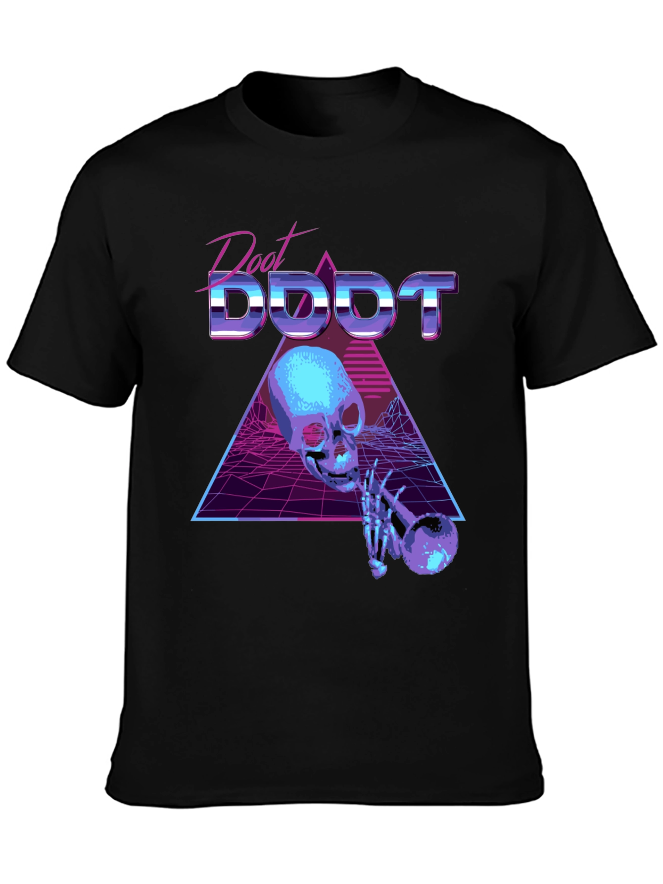 Black Synthwave Skeleton Trumpet Graphic Tee view 3