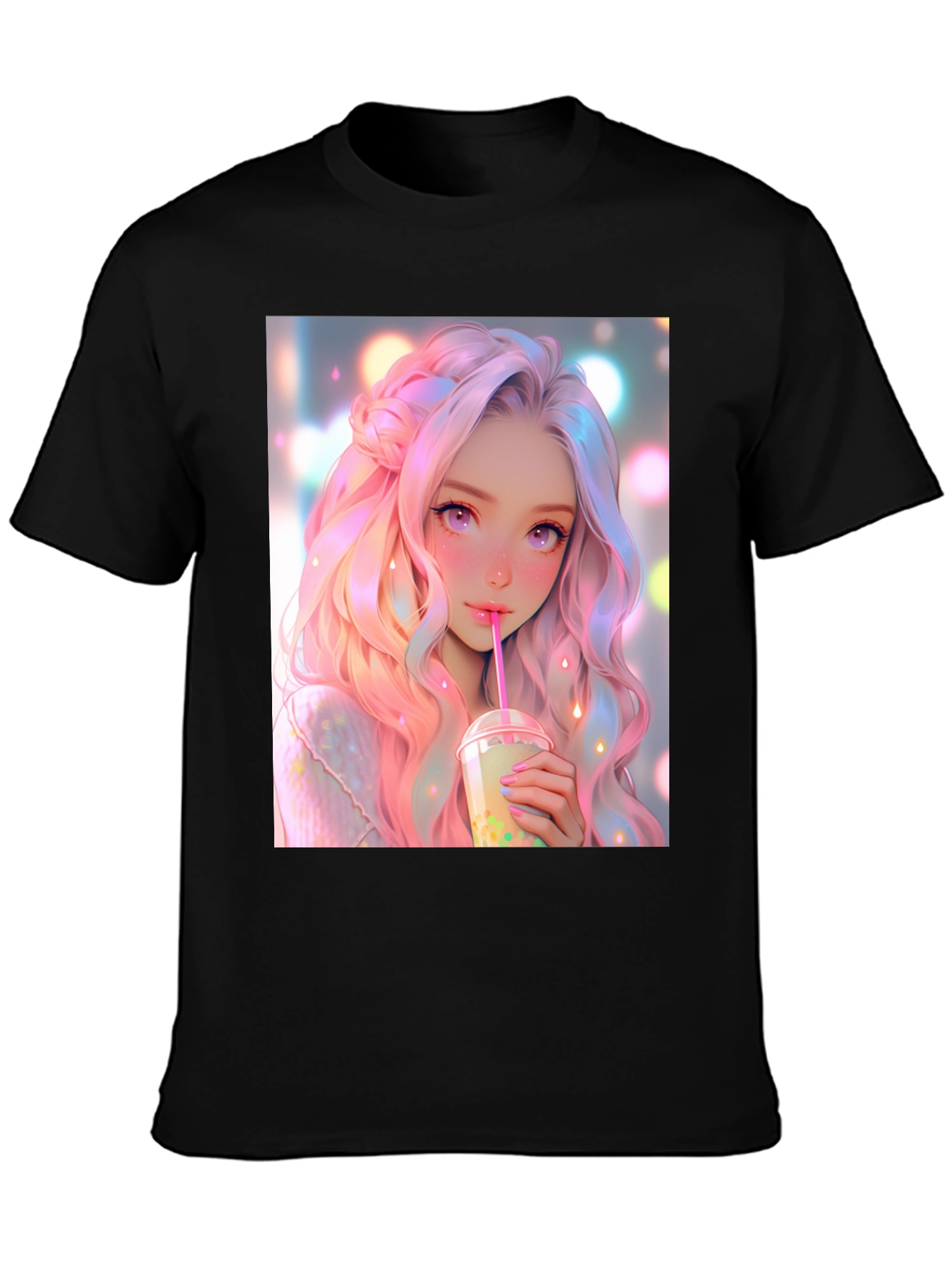 Black Anime Girl Bubble Tea Graphic T-Shirt view 3