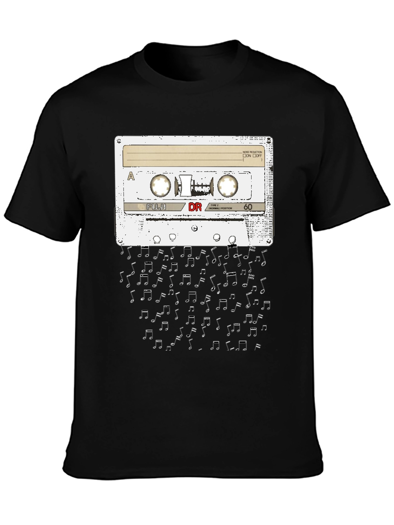 Black Retro Cassette Tape Music Notes Graphic T-Shirt view 3