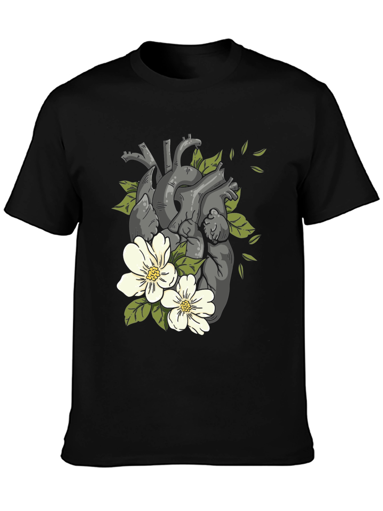 Black Floral Heart Print Black T-Shirt view 3
