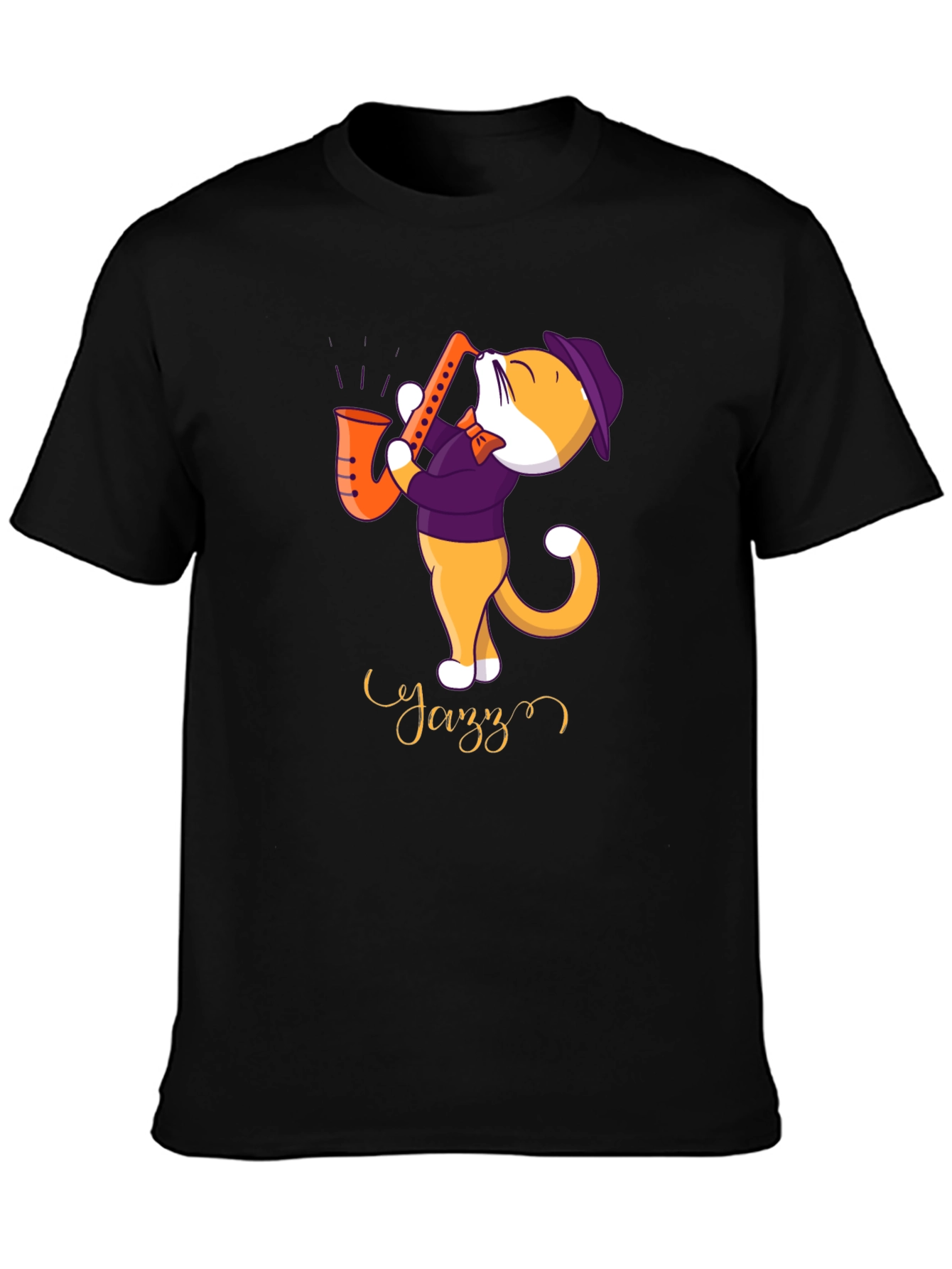 Black Jazz Cat T-Shirt - Cool Cat Playing Saxophone view 3