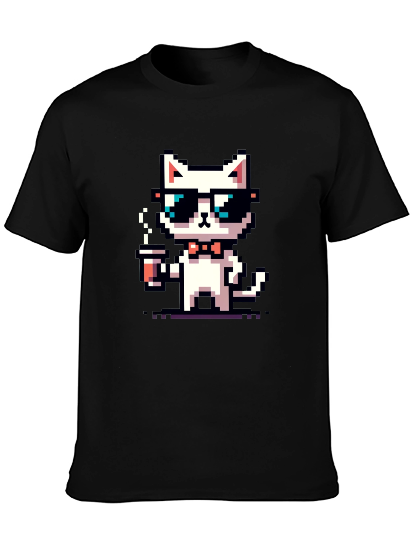 Black Cool Pixel Cat Coffee T-Shirt view 3