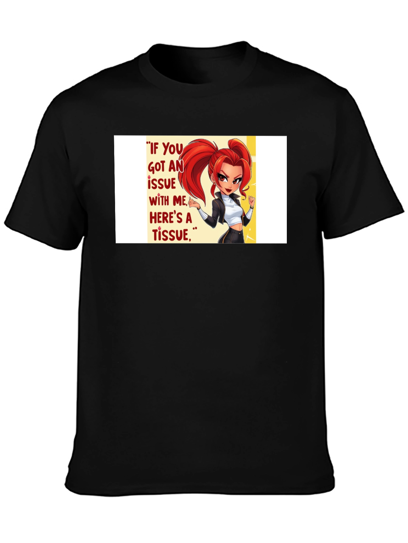 Black Sassy Cartoon Graphic T-Shirt - "Tissue" Quote view 3