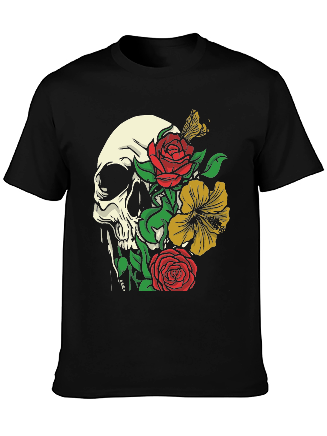 Black Skull & Floral Graphic Tee - Trendy Style view 3