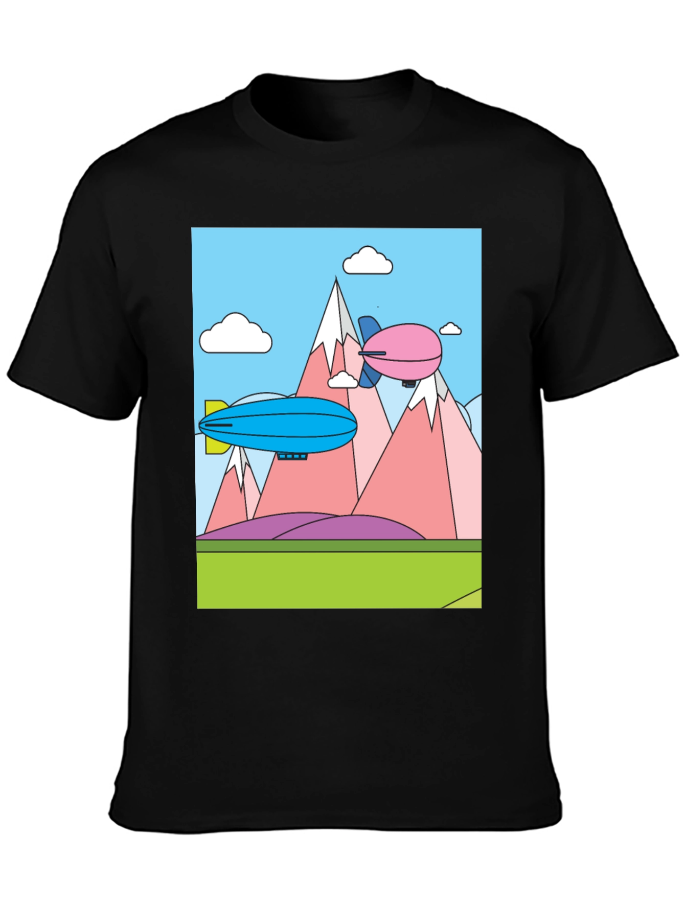 Black Cartoon Landscape Dirigible Graphic Tee view 3
