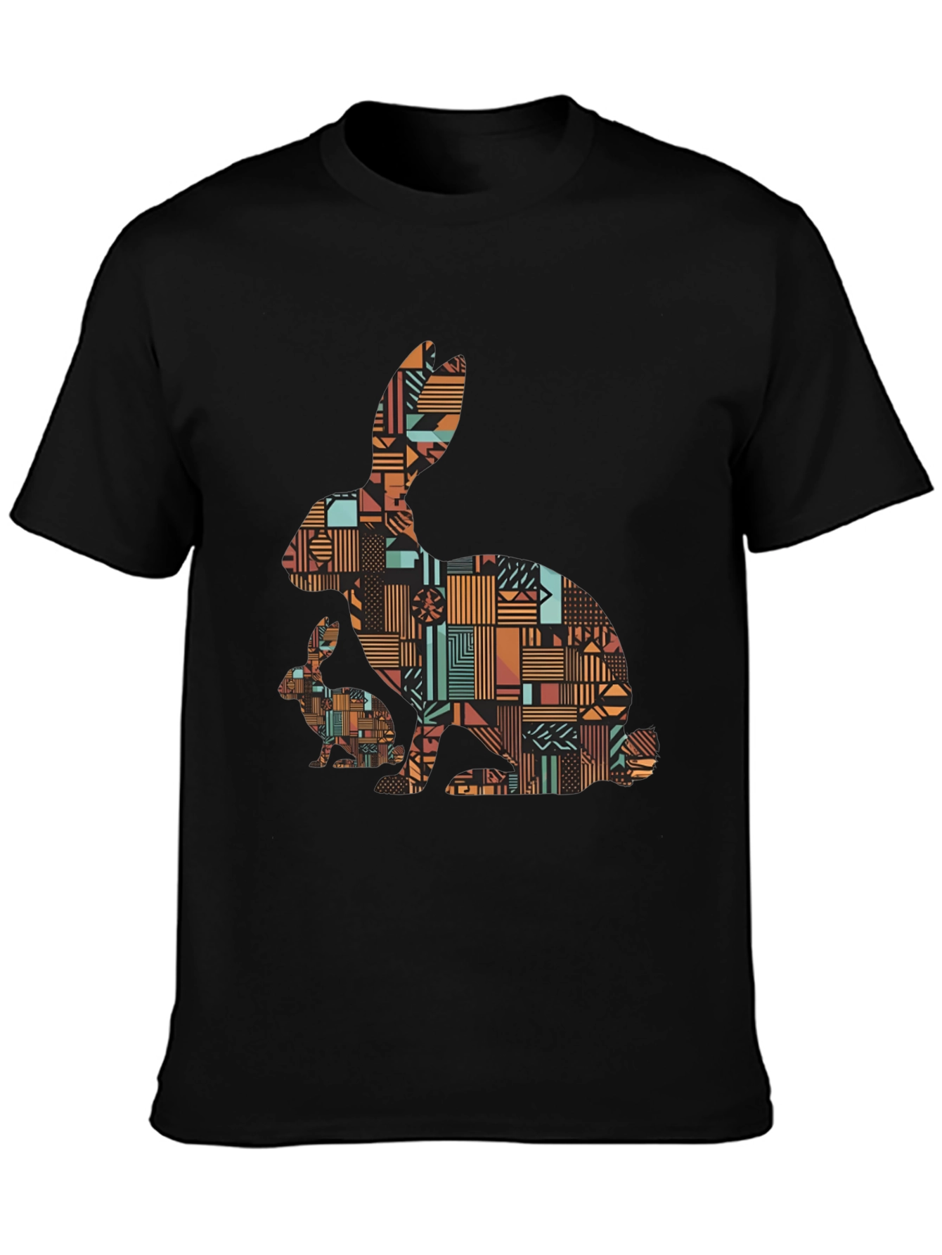 Black Geometric Rabbit Print Black T-Shirt view 3