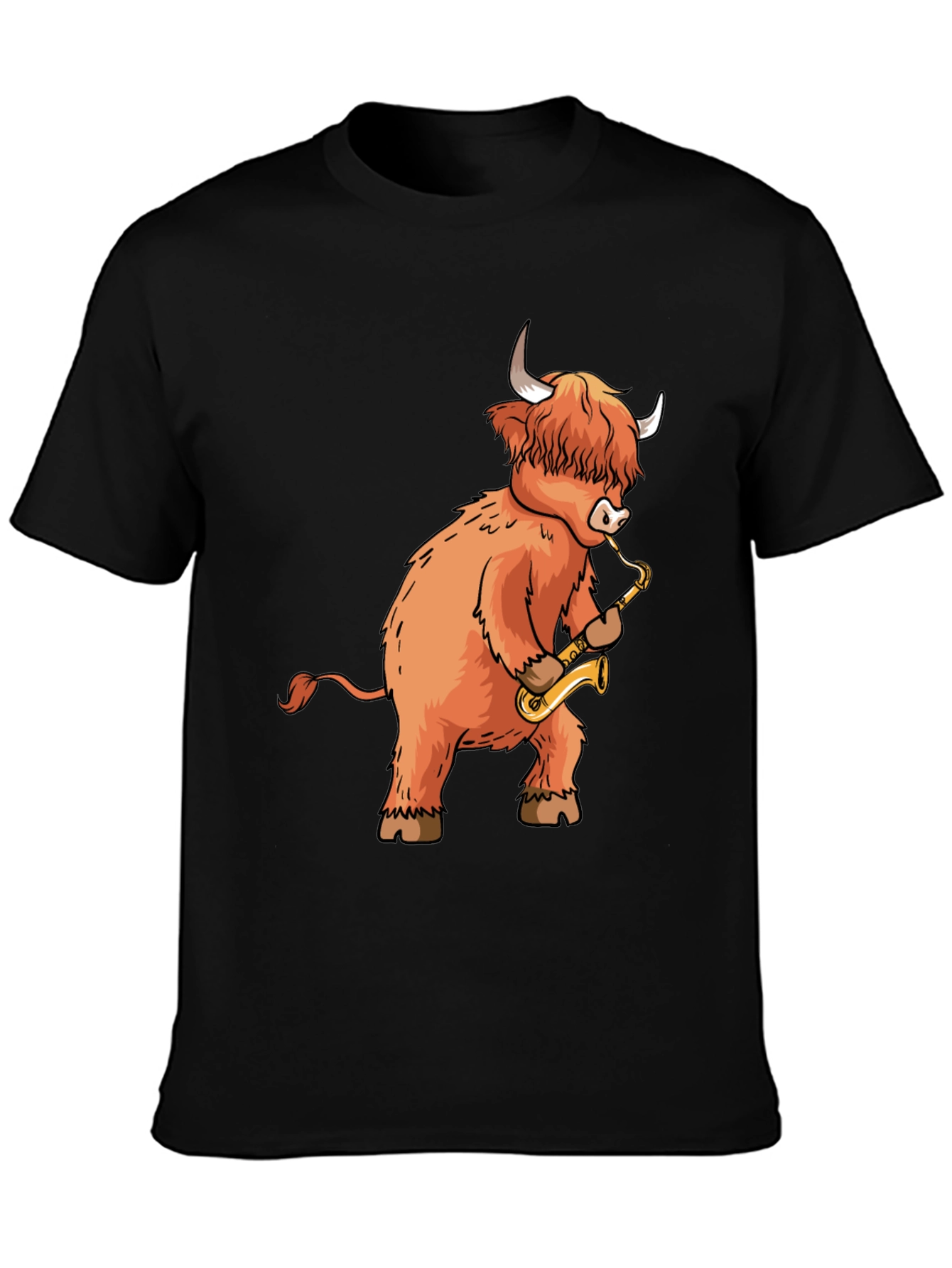 Black Highland Cow Saxophone T-Shirt - Funny Music Tee view 3