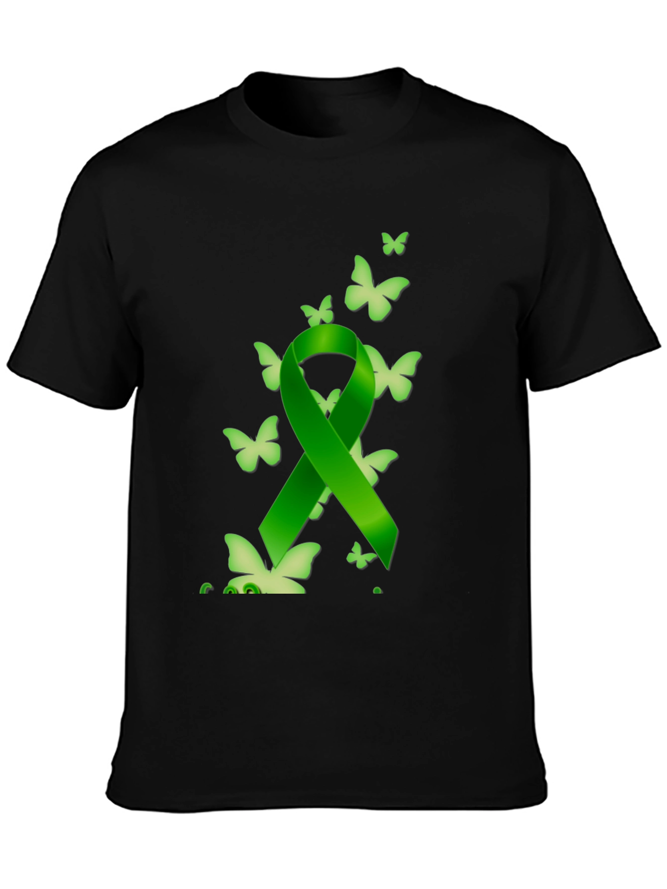 Black Green Ribbon Butterfly Black T-Shirt view 3