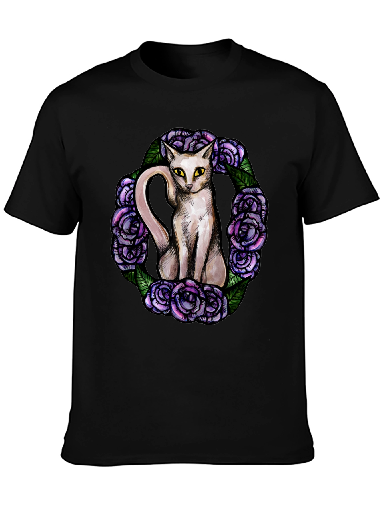 Black Cat & Rose Wreath Graphic T-Shirt view 3