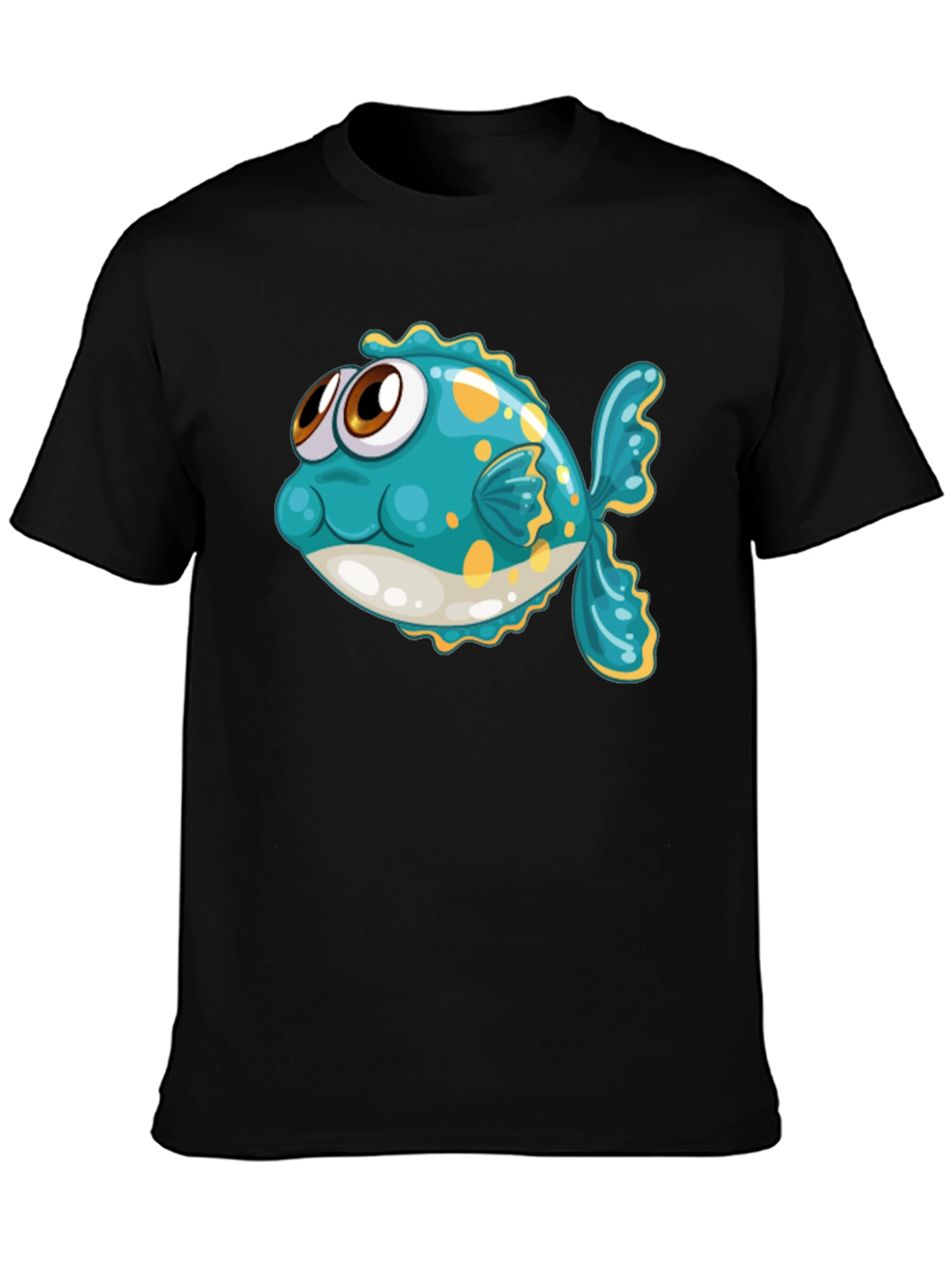 Black Cartoon Fish Graphic Tee - Black Cotton T-Shirt view 3