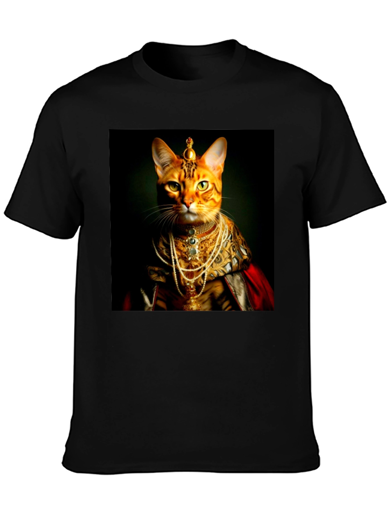 Black Regal Cat T-Shirt: Royal Feline Portrait Tee view 3