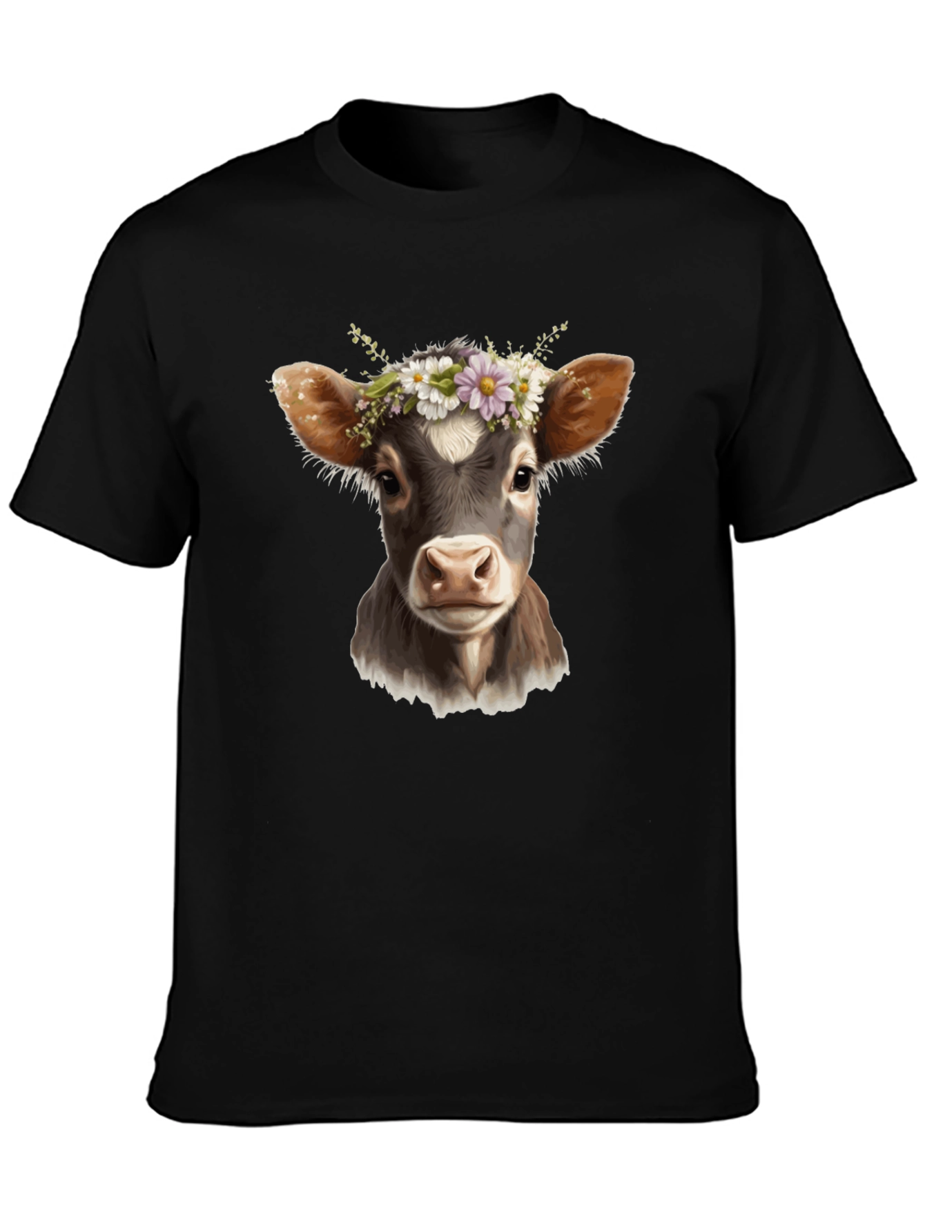 Black Cow with Flower Crown Black T-Shirt view 3
