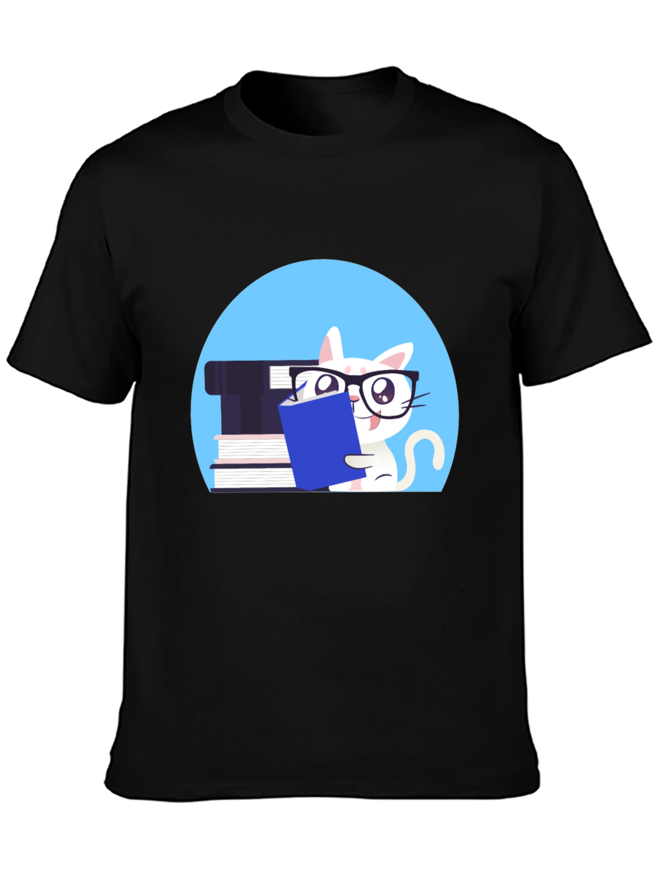 Black Reading Cat Graphic Tee - Unisex Cotton T-Shirt view 3