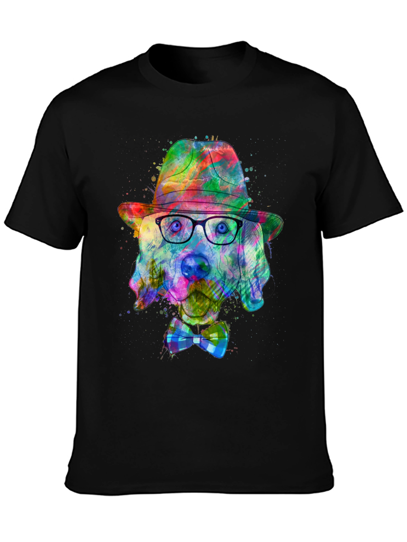 Black Dog Art T-Shirt - Watercolor Dog with Hat & Bowtie view 3