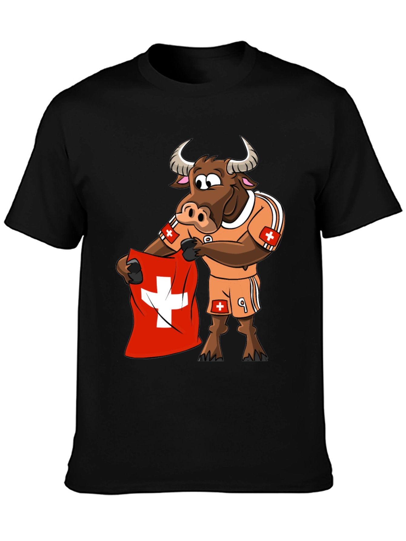 Black Swiss Bull Soccer Fan T-Shirt - Black Cotton Tee view 3