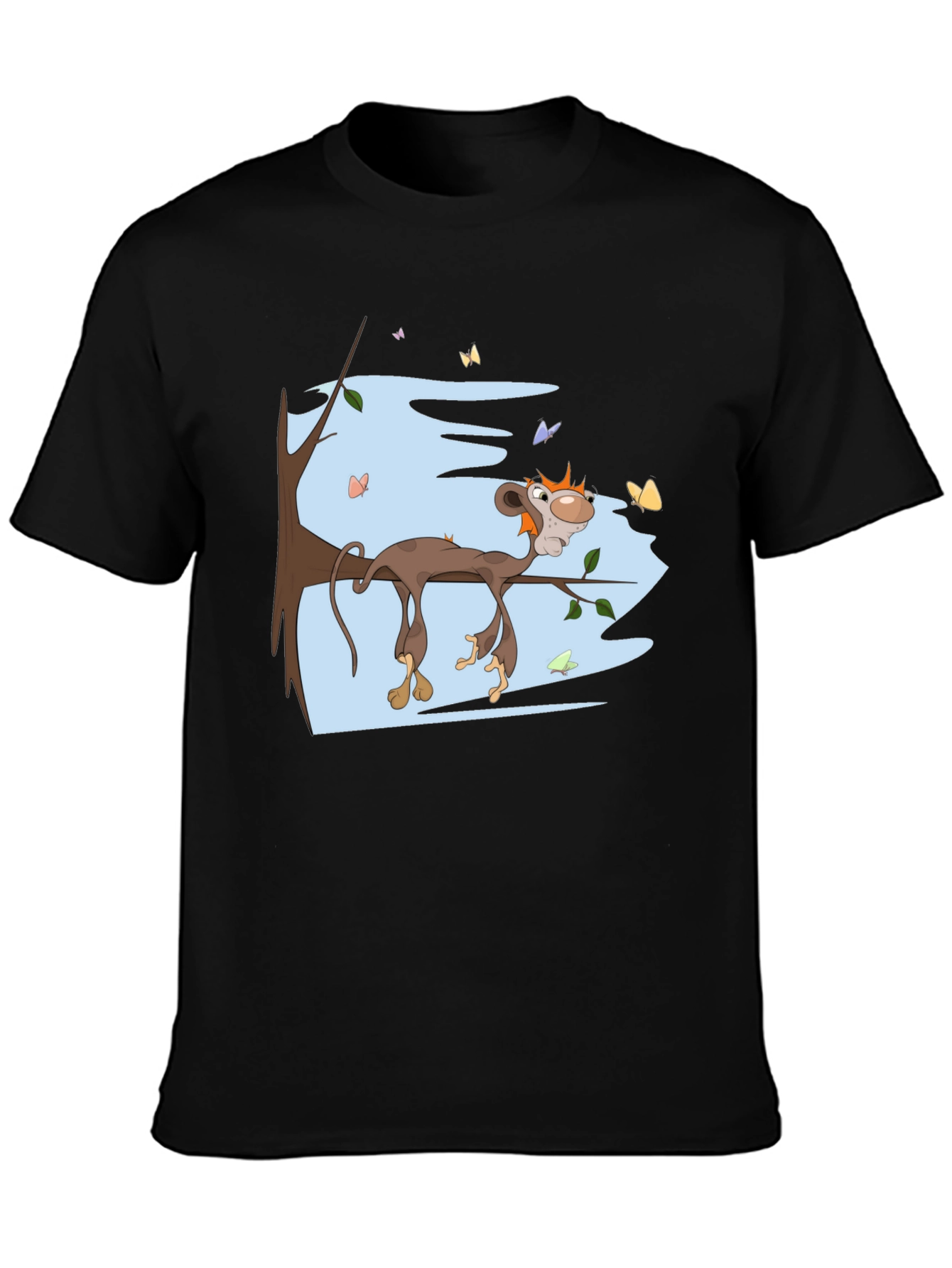 Black Cartoon Monkey Relaxing on Branch Black Tee view 3