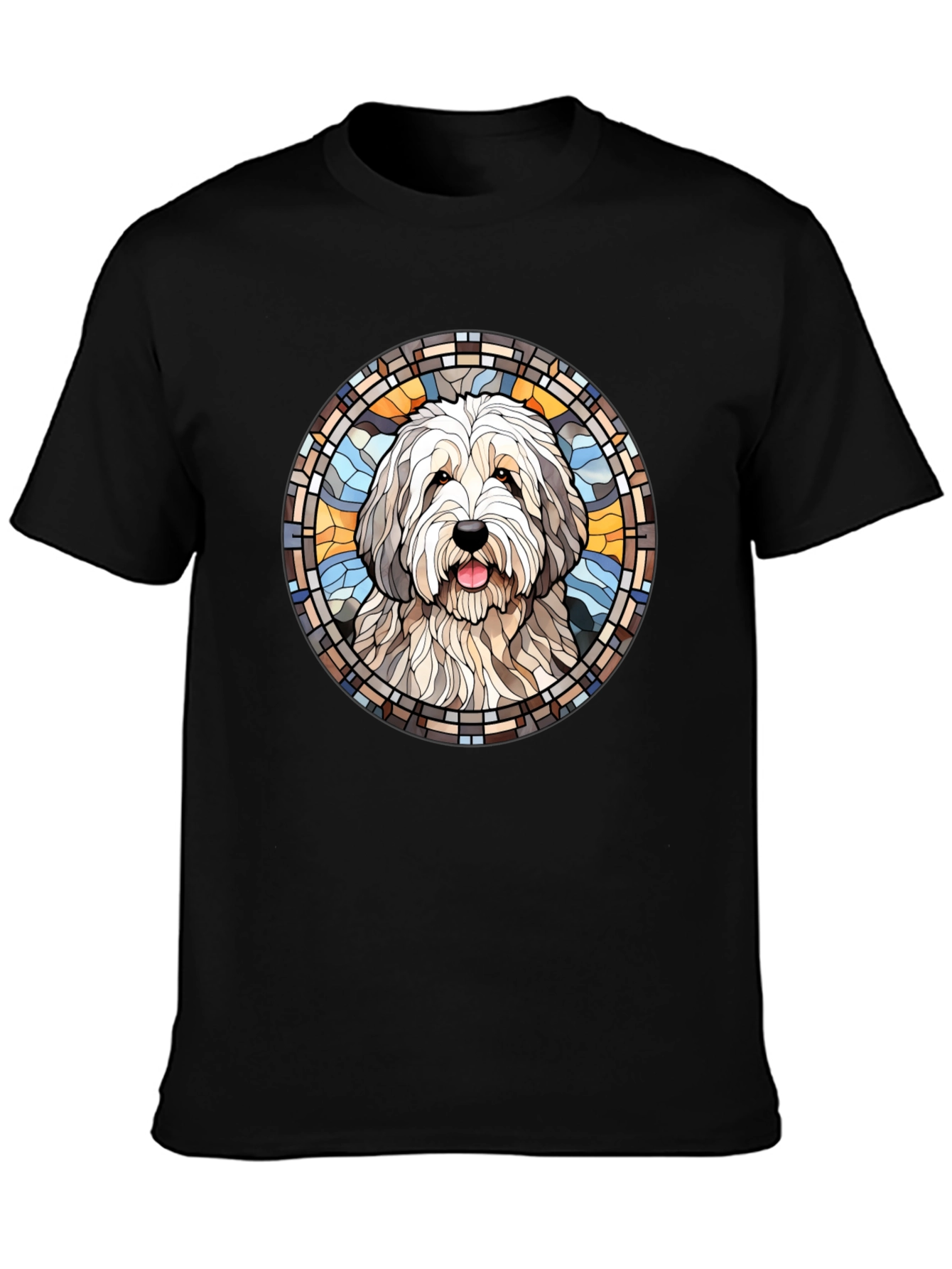 Black Dog Portrait Stained Glass Style Tee view 3