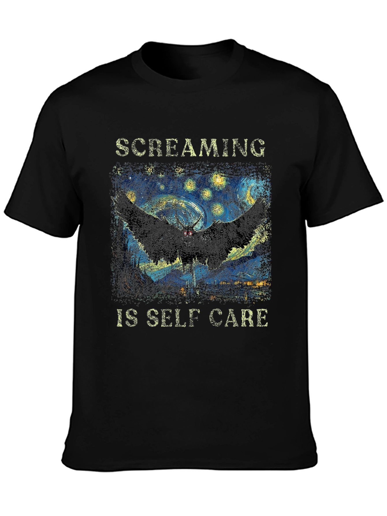 Black Screaming Is Self Care T-Shirt Starry Night Mothman Tee view 3