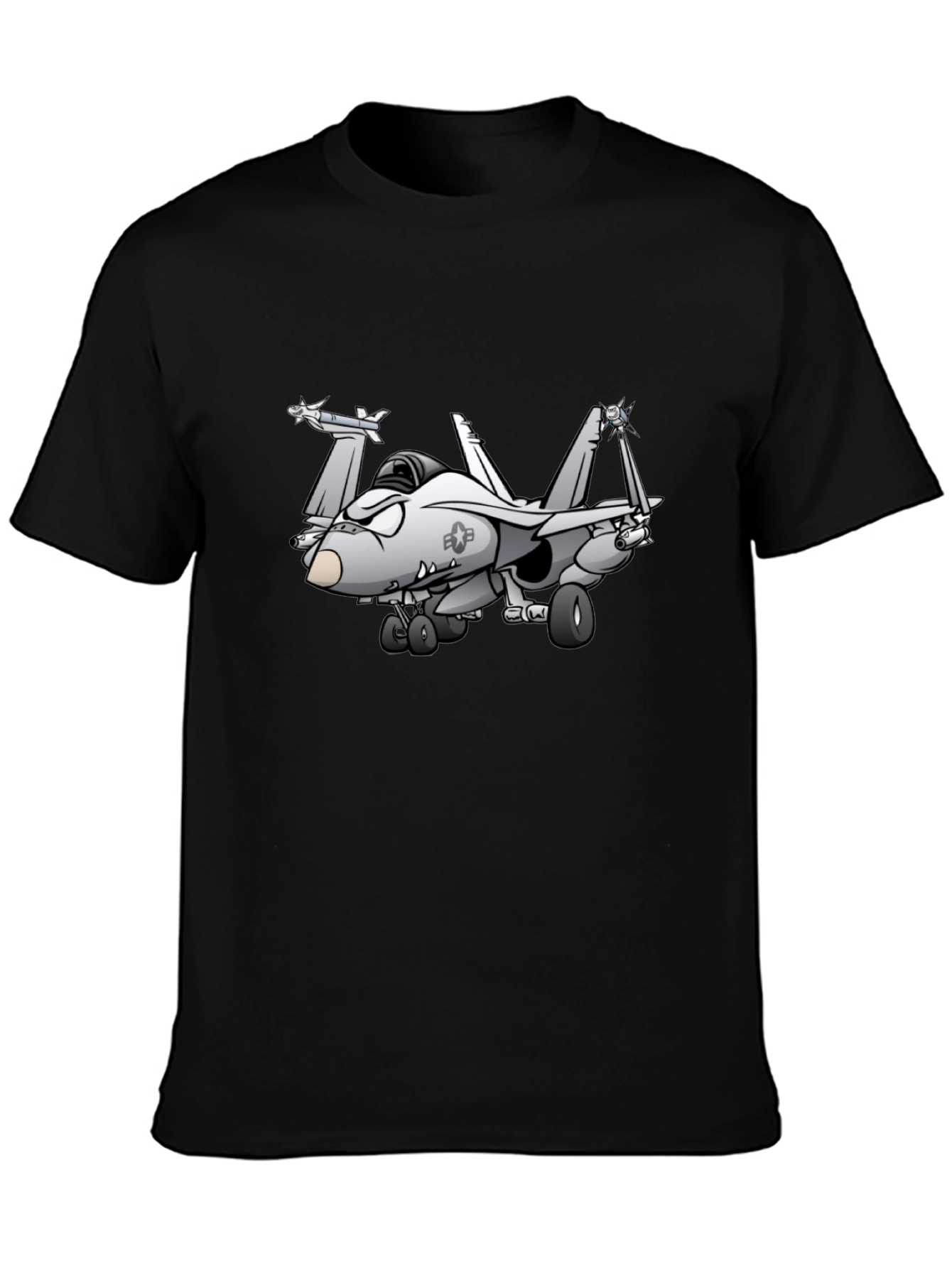 Black Cartoon Fighter Jet Graphic Black T-Shirt view 3