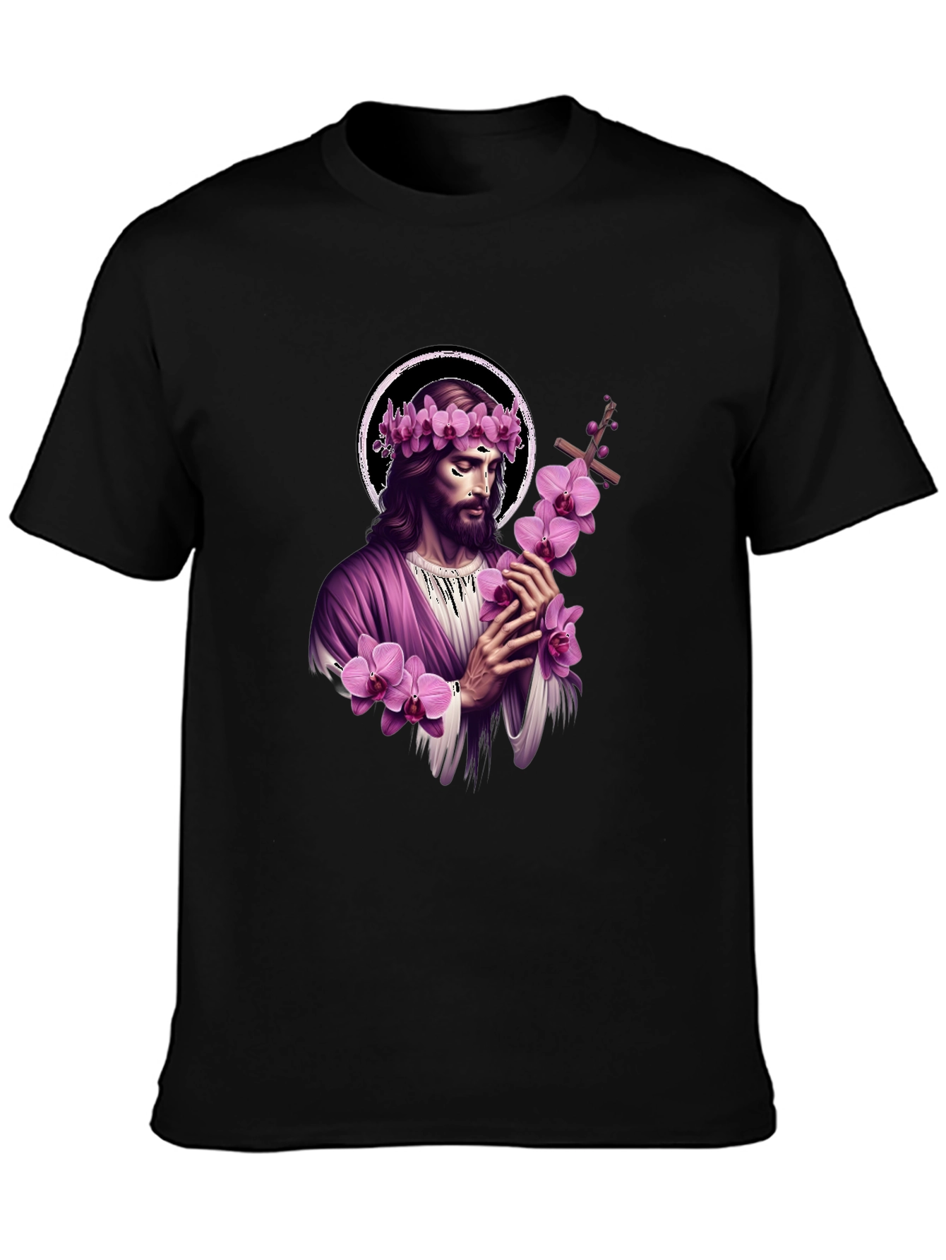 Black Jesus with Flowers Graphic T-Shirt - Soft Black Cotton Blend view 3