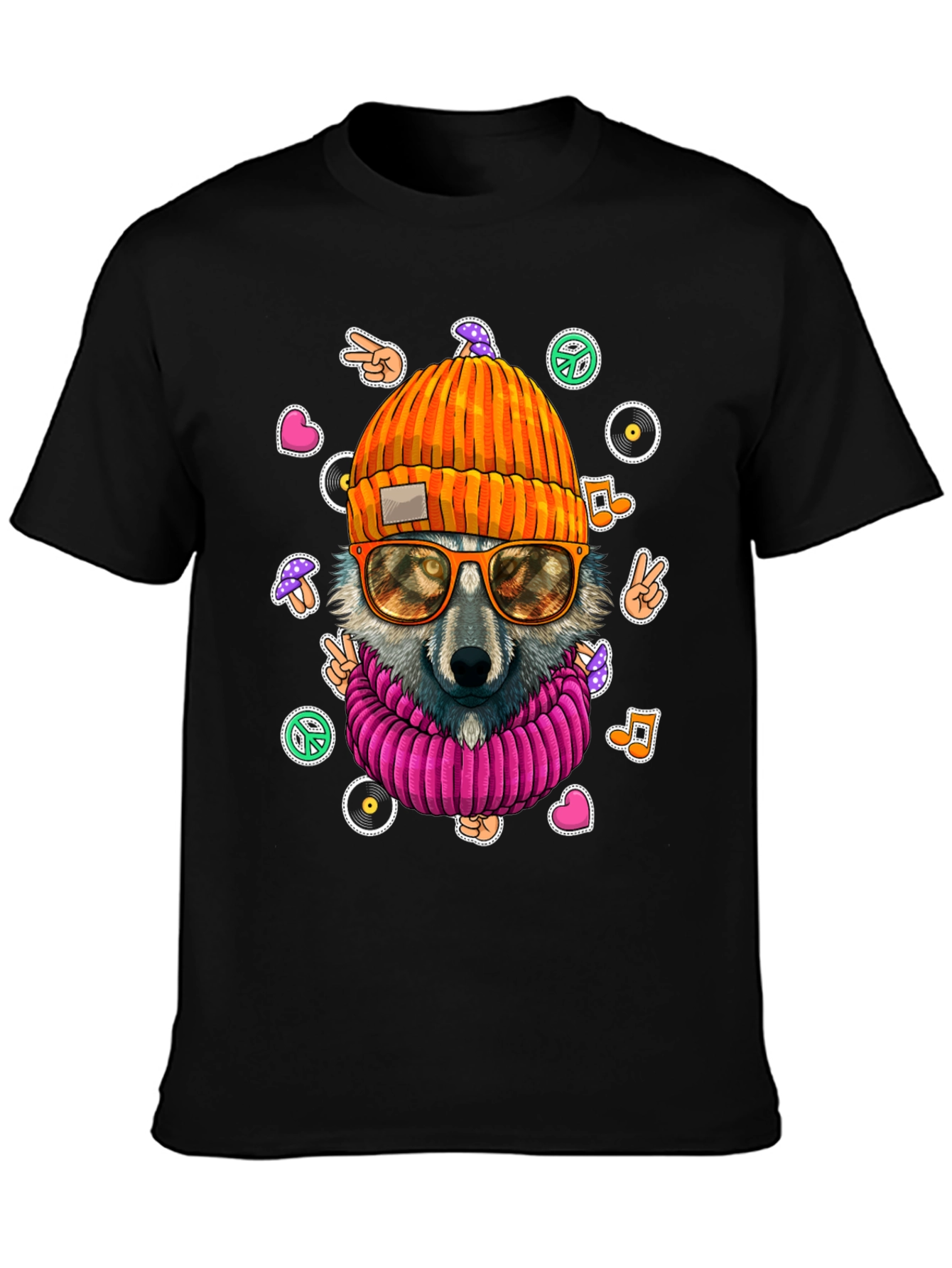 Black Cool Wolf Graphic Tee - Funky Hippie Style! view 3